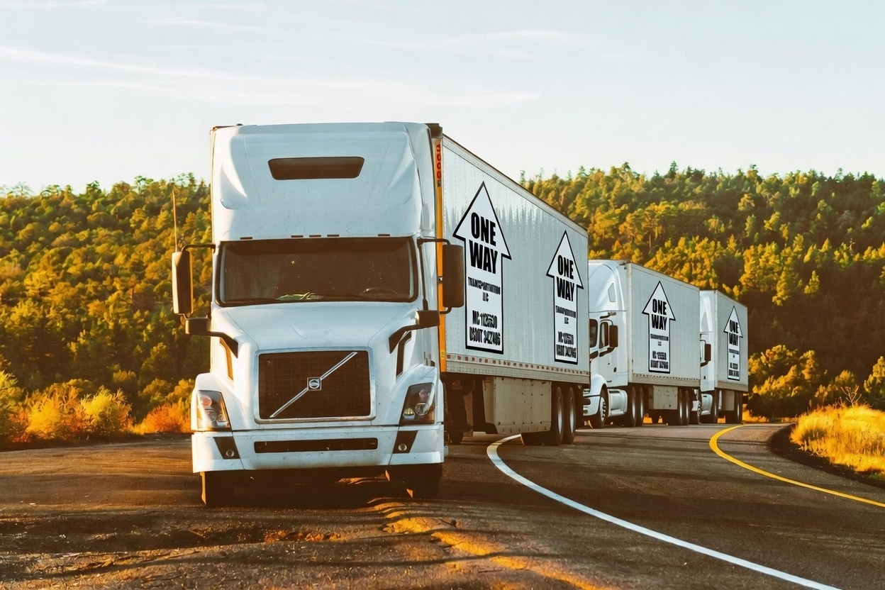One Way Transportation fleet of trucks on the road